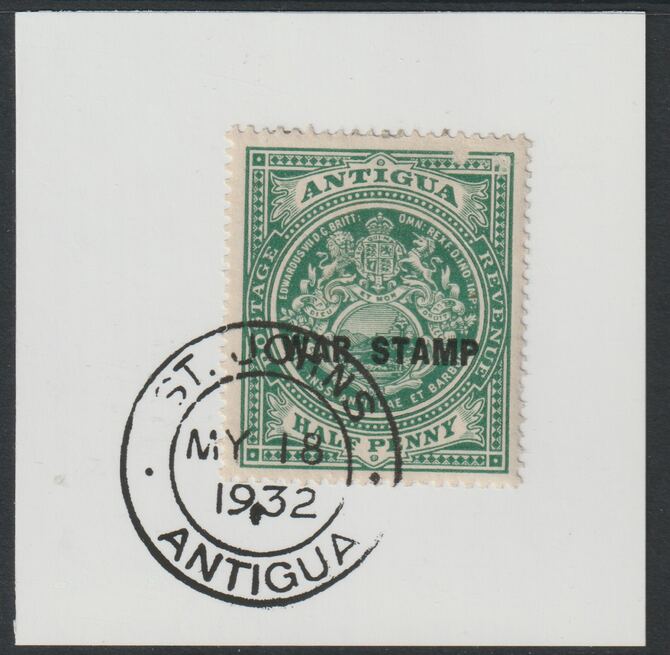 Antigua 1916 War Tax 1/2d green (black overprint) on piece with full strike of Madame Joseph forged postmark type 14, stamps on , stamps on  stamps on , stamps on  stamps on  kg6 , stamps on  stamps on forgery, stamps on  stamps on forgeries, stamps on  stamps on  ww1 , stamps on  stamps on 