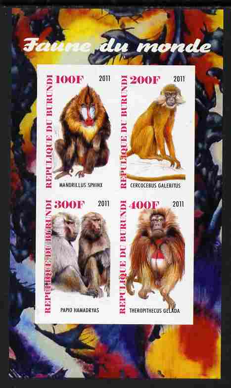 Burundi 2011 Fauna of the World - Monkeys imperf sheetlet containing 4 values unmounted mint, stamps on , stamps on  stamps on animals, stamps on  stamps on apes, stamps on  stamps on monkeys