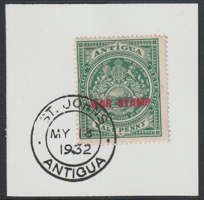 Antigua 1916 War Tax 1/2d green (red overprint) on piece with full strike of Madame Joseph forged postmark type 14, stamps on , stamps on  stamps on , stamps on  stamps on  kg6 , stamps on  stamps on forgery, stamps on  stamps on forgeries, stamps on  stamps on  ww1 , stamps on  stamps on 