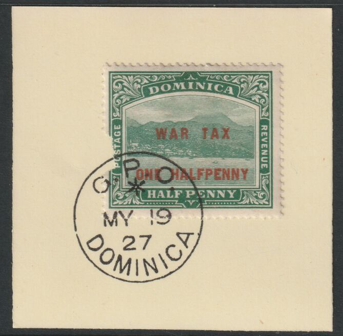 Dominica 1916 War Tax 1/2dd on 1/2d green with red opt (SG 55) on piece with full strike of Madame Joseph forged postmark type 139, stamps on , stamps on  kg5 , stamps on forgery, stamps on  ww1 , stamps on 