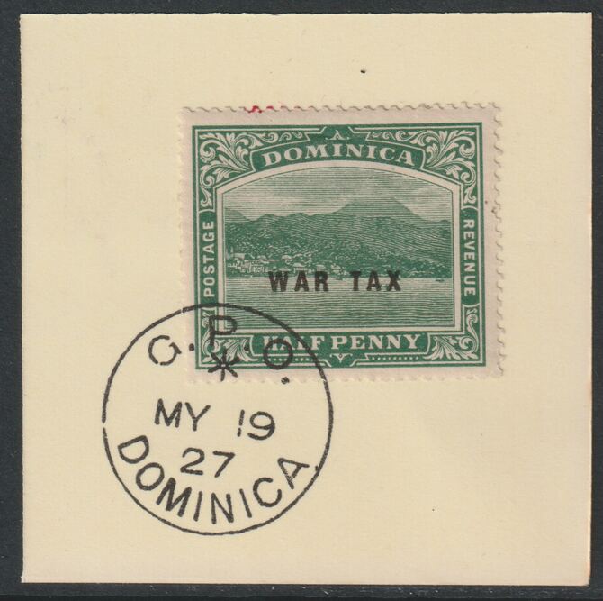 Dominica 1918 War Tax 1/2d green with small black opt (SG 56) on piece with full strike of Madame Joseph forged postmark type 139, stamps on , stamps on  kg5 , stamps on forgery, stamps on  ww1 , stamps on 