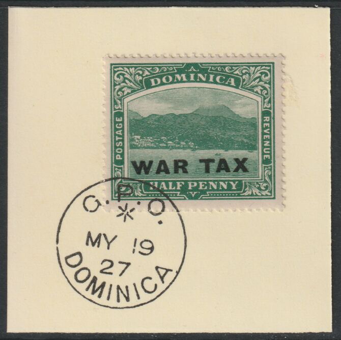 Dominica 1918 War Tax 1/2d green with large black opt (SG 57) on piece with full strike of Madame Joseph forged postmark type 139, stamps on , stamps on  kg5 , stamps on forgery, stamps on  ww1 , stamps on 