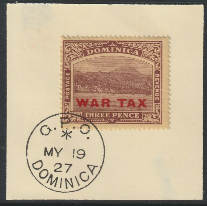 Dominica 1918 War Tax 3d purple on yellow with large black opt (SG 58) on piece with full strike of Madame Joseph forged postmark type 139, stamps on , stamps on  kg5 , stamps on forgery, stamps on  ww1 , stamps on 