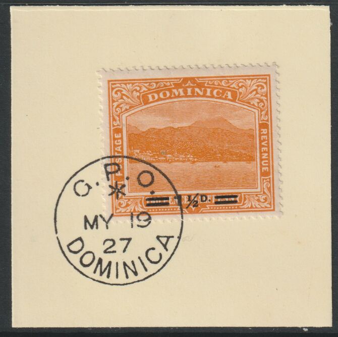 Dominica 1919 1/2d on 2.5d orange with black opt (SG60) on piece with full strike of Madame Joseph forged postmark type 139, stamps on , stamps on  kg5 , stamps on forgery, stamps on  ww1 , stamps on 