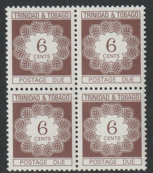 Trinidad & Tobago 1976 Postage Due 6c redrawn by Questa block of 4 unmounted mint SG D46, stamps on postage dues, stamps on 