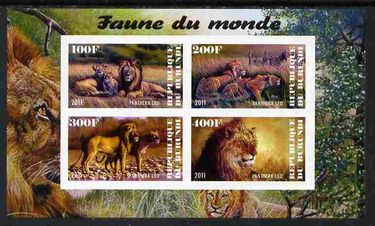 Burundi 2011 Fauna of the World - Lions imperf sheetlet containing 4 values unmounted mint, stamps on , stamps on  stamps on animals, stamps on  stamps on cats, stamps on  stamps on lions