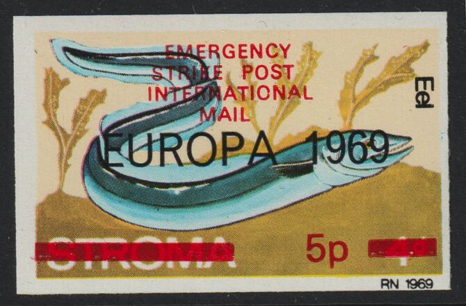 Stroma 1971 Strike Mail - Fish - Eel imperf 5p on 4d overprinted Europa 1969 additionally opt'd  Emergency Strike Post International Mail unmounted mint , stamps on strike, stamps on europa, stamps on fish, stamps on postal