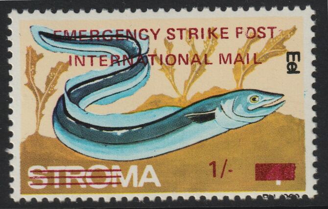 Stroma 1971 Strike Mail - Fish - Eel perf 1s on 4d overprinted Emergency Strike Post International Mail unmounted mint , stamps on strike, stamps on fish, stamps on postal