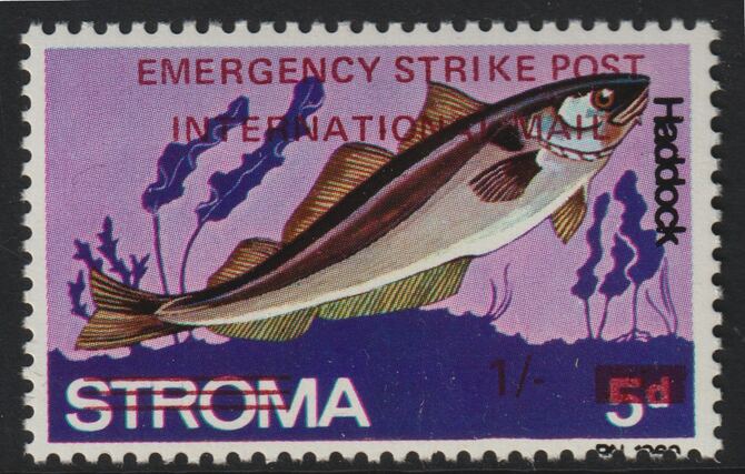 Stroma 1971 Strike Mail - Fish - Haddock perf 1s on 5d overprinted Emergency Strike Post International Mail unmounted mint , stamps on strike, stamps on fish, stamps on postal