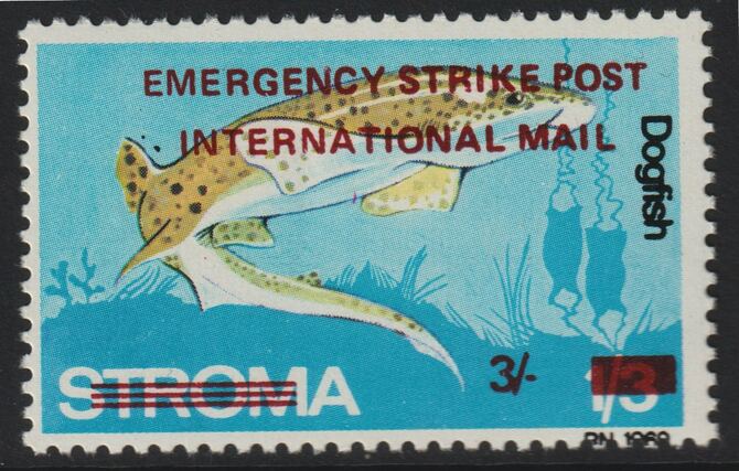 Stroma 1971 Strike Mail - Fish - Dogfish perf 3s on 1s3d overprinted Emergency Strike Post International Mail unmounted mint but slight set-off on gummed side, stamps on strike, stamps on fish, stamps on postal