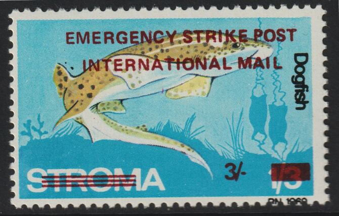 Stroma 1971 Strike Mail - Fish - Dogfish perf 3s on 1s3d overprinted Emergency Strike Post International Mail unmounted mint but slight set-off on gummed side, stamps on , stamps on  stamps on strike, stamps on  stamps on fish, stamps on  stamps on postal