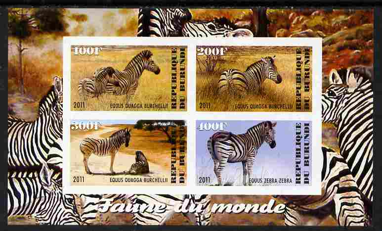 Burundi 2011 Fauna of the World - Zebra imperf sheetlet containing 4 values unmounted mint, stamps on , stamps on  stamps on animals, stamps on  stamps on zebra, stamps on  stamps on zebras