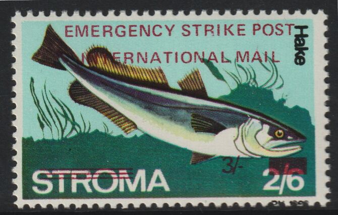 Stroma 1971 Strike Mail - Fish - Hake perf 3s on 2s6d overprinted Emergency Strike Post International Mail unmounted mint , stamps on strike, stamps on fish, stamps on postal