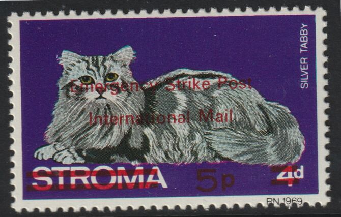 Stroma 1971 Strike Mail - Cats - Silver Tabby perf 5p on 4d overprinted Emergency Strike Post International Mail unmounted mint , stamps on strike, stamps on cats, stamps on postal