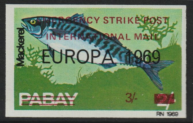 Pabay 1971 Strike Mail - Fish - Mackerel imperf 3s on 2s overprinted Europa 1969 additionally opt'd  Emergency Strike Post International Mail unmounted mint but slight set-off on gummed side, stamps on , stamps on  stamps on strike, stamps on  stamps on europa, stamps on  stamps on fish, stamps on  stamps on postal