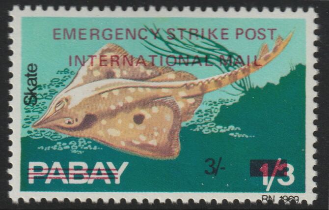Pabay 1971 Strike Mail - Fish - Skate perf 3s on 1s3d overprinted Emergency Strike Post International Mail unmounted mint , stamps on strike, stamps on fish, stamps on postal