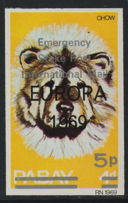 Pabay 1971 Strike Mail - Dogs - Chow imperf 5p on 4d overprinted Europa 1969 additionally opt'd  Emergency Strike Post International Mail unmounted mint but slight set-off on gummed side, stamps on strike, stamps on europa, stamps on dogs, stamps on postal