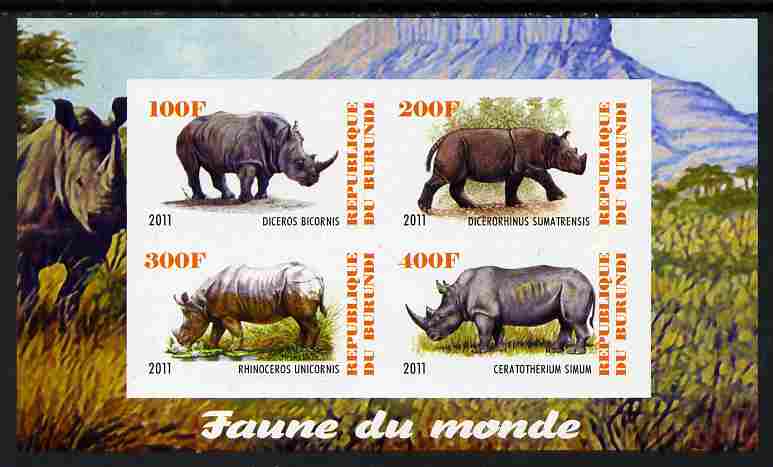 Burundi 2011 Fauna of the World - Rhinoceros imperf sheetlet containing 4 values unmounted mint, stamps on , stamps on  stamps on animals, stamps on  stamps on rhinos, stamps on  stamps on rhinoceros