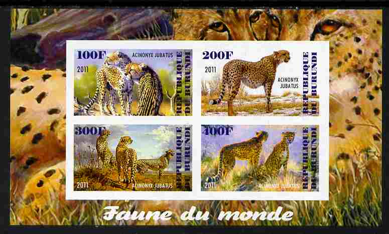 Burundi 2011 Fauna of the World - Cheetahs imperf sheetlet containing 4 values unmounted mint, stamps on , stamps on  stamps on animals, stamps on  stamps on cats, stamps on  stamps on cheetahs