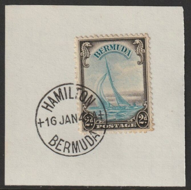 Bermuda 1938 KG6 2d light blue & sepiat on piece cancelled with full strike of Madame Joseph forged postmark type 64, stamps on , stamps on  kg6 , stamps on forgeries, stamps on yachts