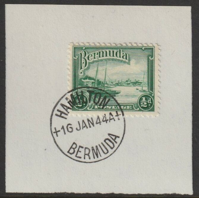 Bermuda 1936 KG5 Pictorial 1/2d bright green on piece cancelled with full strike of Madame Joseph forged postmark type 64, stamps on , stamps on  stamps on , stamps on  stamps on  kg5 , stamps on  stamps on forgeries, stamps on  stamps on harbours
