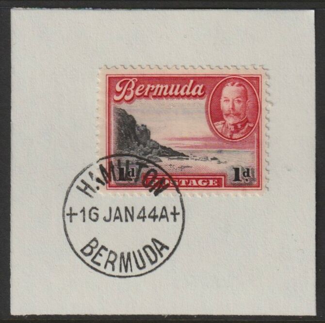 Bermuda 1936 KG5 Pictorial 1d black & scarlet on piece cancelled with full strike of Madame Joseph forged postmark type 64, stamps on , stamps on  stamps on , stamps on  stamps on  kg5 , stamps on  stamps on forgeries, stamps on  stamps on tourism