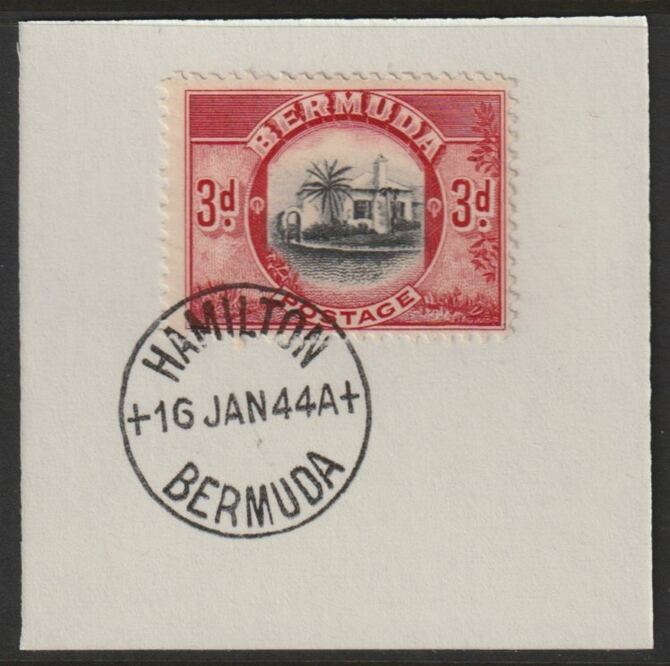 Bermuda 1936 KG5 Pictorial 3d black & scarlet on piece cancelled with full strike of Madame Joseph forged postmark type 64, stamps on , stamps on  kg5 , stamps on forgeries, stamps on tourism