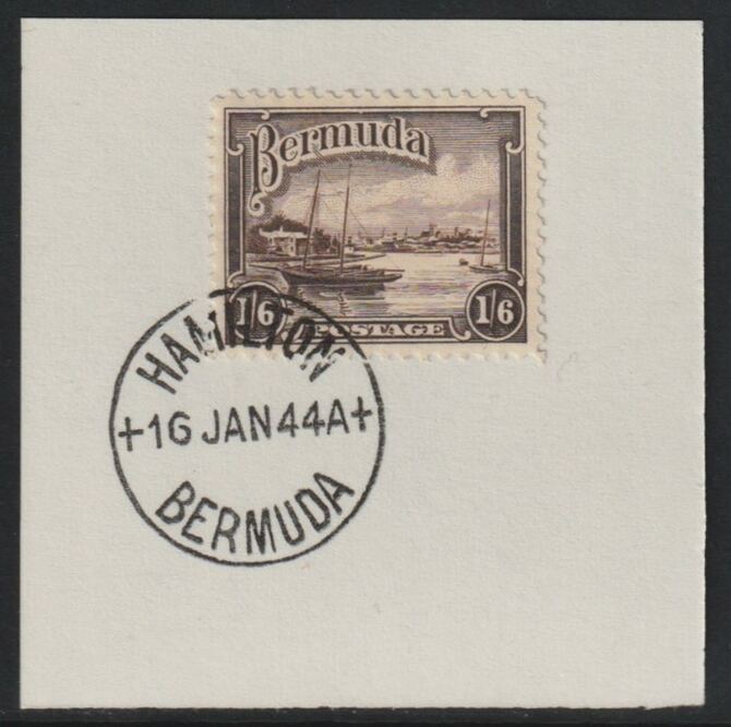 Bermuda 1936 KG5 Pictorial 1s6d brown on piece cancelled with full strike of Madame Joseph forged postmark type 64, stamps on , stamps on  kg5 , stamps on forgeries, stamps on harbours
