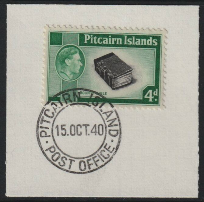 Pitcairn Islands 1940-51 KG6 Pictorial 4d (SG 5b) on piece with full strike of Madame Joseph forged postmark type 323, stamps on , stamps on  stamps on , stamps on  stamps on  kg6 , stamps on  stamps on forgeries, stamps on  stamps on bible
