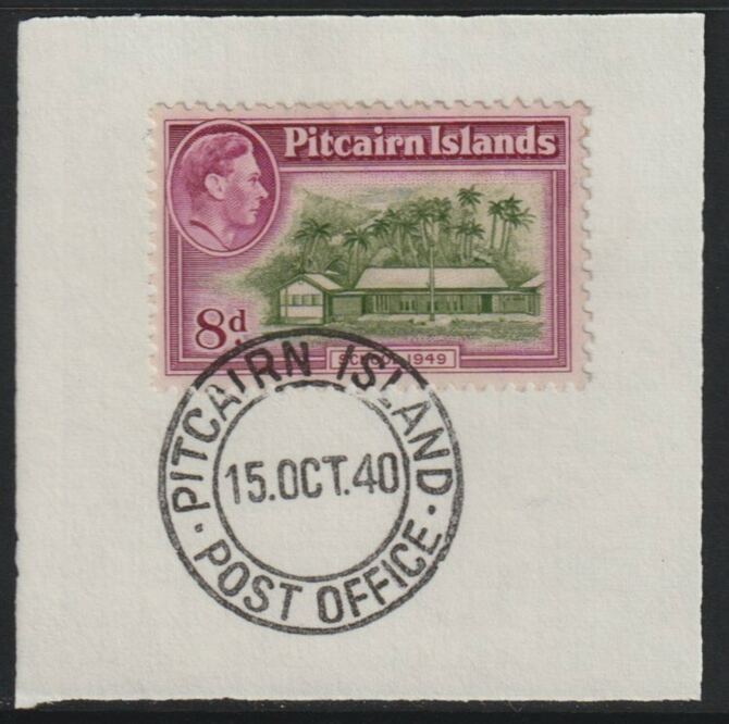 Pitcairn Islands 1940-51 KG6 Pictorial 8d (SG 6a) on piece with full strike of Madame Joseph forged postmark type 323, stamps on , stamps on  kg6 , stamps on forgeries, stamps on school, stamps on education