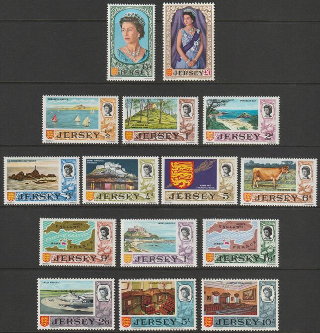 Jersey 1969 QEII Pictorialdefinitive set complete 1/2d to £1 unmounted mint, SG 15-29, stamps on , stamps on  stamps on maps, stamps on  stamps on arms, stamps on  stamps on airports, stamps on  stamps on cattle
