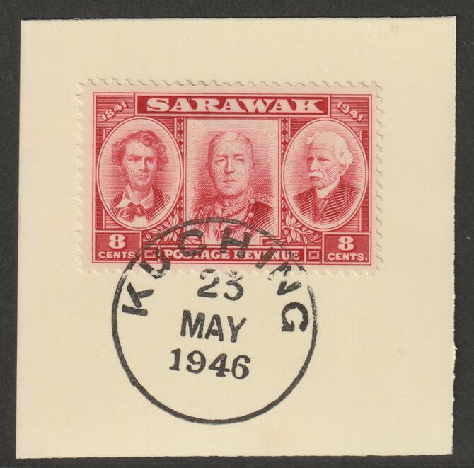 Sarawak 1946 Centenary 8c lake on piece cancelled with full strike of Madame Joseph forged postmark type 378, stamps on , stamps on  stamps on , stamps on  stamps on  kg6 , stamps on  stamps on forgeries