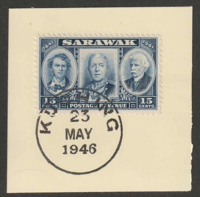 Sarawak 1946 Centenary 15c blue on piece cancelled with full strike of Madame Joseph forged postmark type 378, stamps on , stamps on  stamps on , stamps on  stamps on  kg6 , stamps on  stamps on forgeries