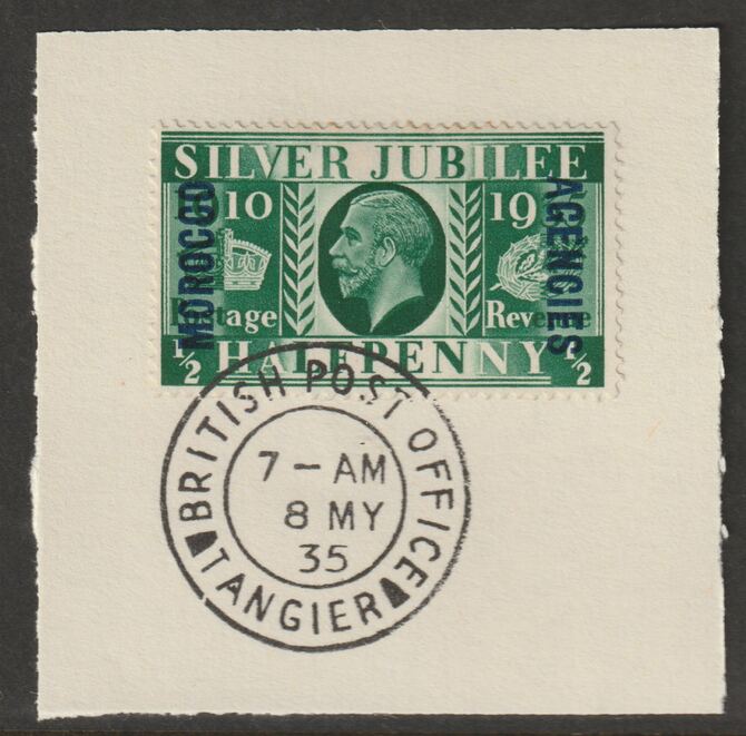 Morocco Agencies - British 1935 KG5 Silver Jubilee 1/2d on piece with full strike of Madame Joseph forged postmark type 84, stamps on , stamps on  kg6 , stamps on forgery, stamps on silver jubilee