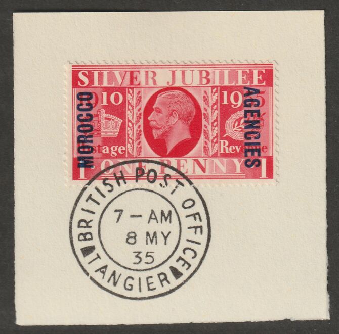 Morocco Agencies - British 1935 KG5 Silver Jubilee 1d on piece with full strike of Madame Joseph forged postmark type 84, stamps on , stamps on  kg6 , stamps on forgery, stamps on silver jubilee