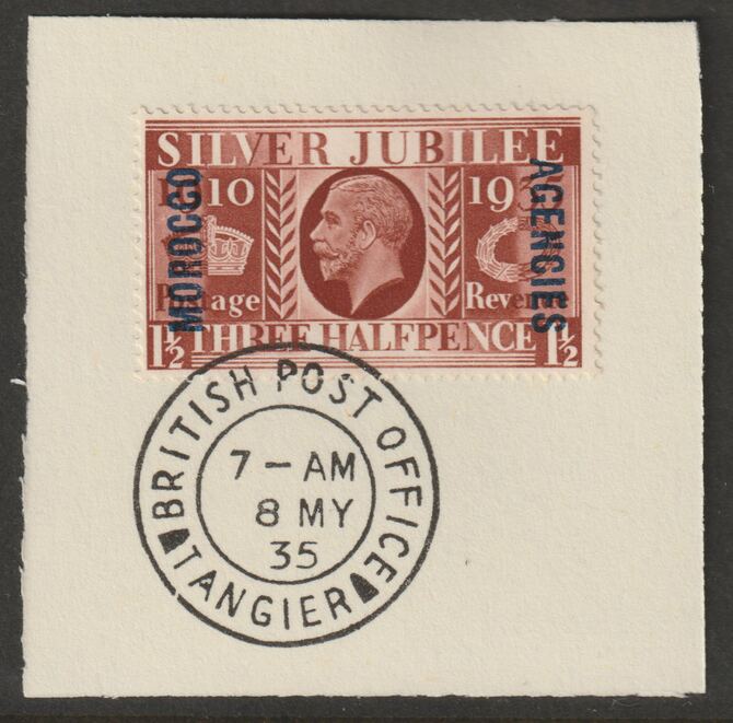 Morocco Agencies - British 1935 KG5 Silver Jubilee 1.5d on piece with full strike of Madame Joseph forged postmark type 84, stamps on , stamps on  kg6 , stamps on forgery, stamps on silver jubilee