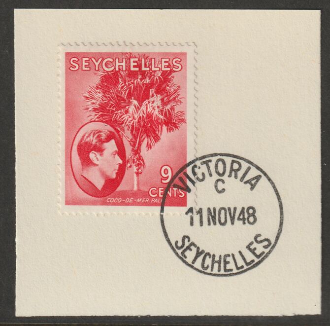Seychelles 1938 KG6 9c scarlet on piece cancelled with full strike of Madame Joseph forged postmark type 389, stamps on , stamps on  stamps on , stamps on  stamps on  kg6 , stamps on  stamps on forgeries, stamps on  stamps on 