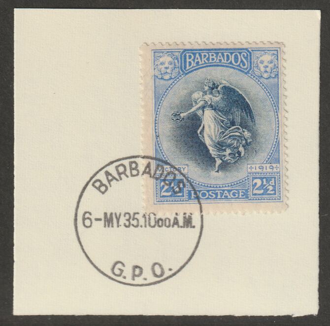 Barbados 1920-21 KG5 Victory 2.5d on piece with full strike of Madame Joseph forged postmark type 46, stamps on , stamps on  kg5 , stamps on forgery, stamps on madame joseph