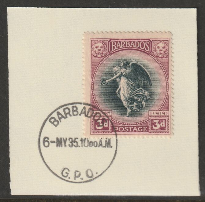 Barbados 1920-21 KG5 Victory 3d on piece with full strike of Madame Joseph forged postmark type 46, stamps on , stamps on  kg5 , stamps on forgery, stamps on madame joseph