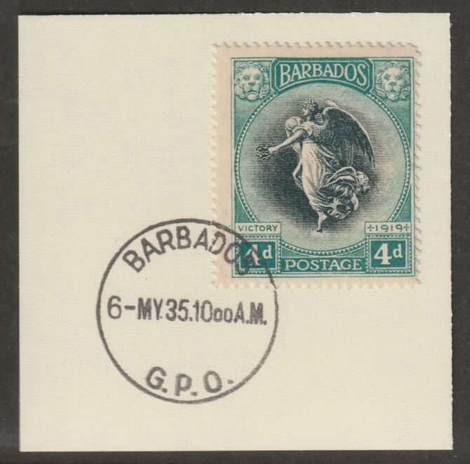 Barbados 1920-21 KG5 Victory 4d on piece with full strike of Madame Joseph forged postmark type 46, stamps on , stamps on  stamps on , stamps on  stamps on  kg5 , stamps on  stamps on forgery, stamps on  stamps on madame joseph