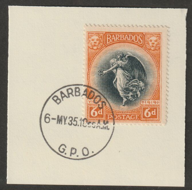 Barbados 1920-21 KG5 Victory 6d on piece with full strike of Madame Joseph forged postmark type 46, stamps on , stamps on  kg5 , stamps on forgery, stamps on madame joseph
