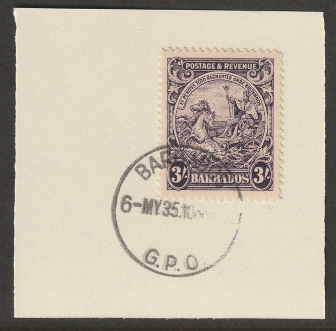 Barbados 1925 KG5 Britannia 3s deep violet on piece with full strike of Madame Joseph forged postmark type 46, stamps on , stamps on  kg5 , stamps on forgery, stamps on madame joseph