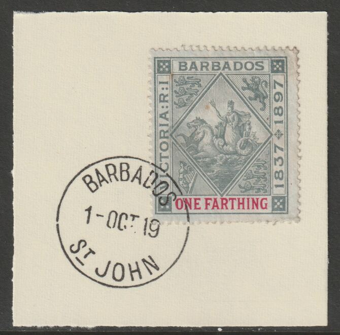 Barbados 1897 Diamond Jubilee 1/4d on piece with full strike of Madame Joseph forged postmark type 45, stamps on , stamps on  qv , stamps on forgery, stamps on madame joseph
