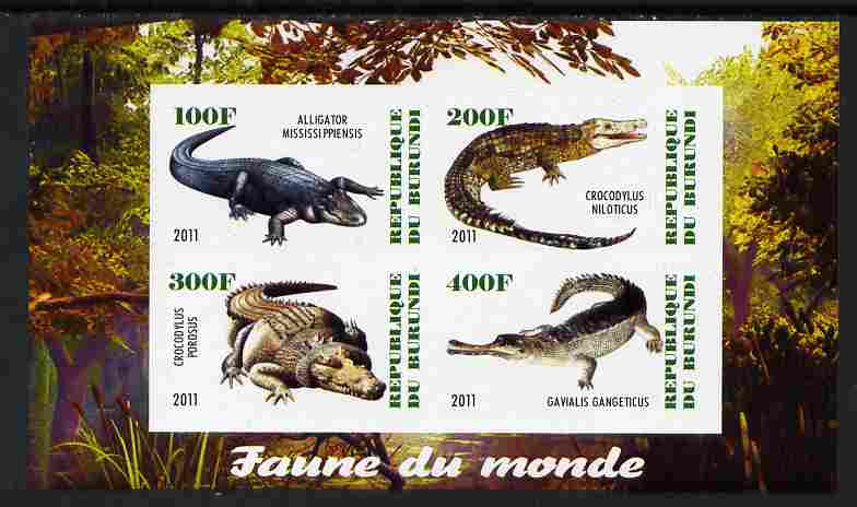 Burundi 2011 Fauna of the World - Crocodles imperf sheetlet containing 4 values unmounted mint, stamps on , stamps on  stamps on animals, stamps on  stamps on reptiles, stamps on  stamps on crocodiles