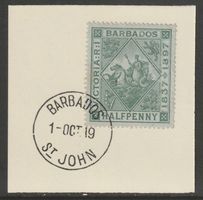 Barbados 1897 Diamond Jubilee 1/2d on piece with full strike of Madame Joseph forged postmark type 45, stamps on , stamps on  qv , stamps on forgery, stamps on madame joseph