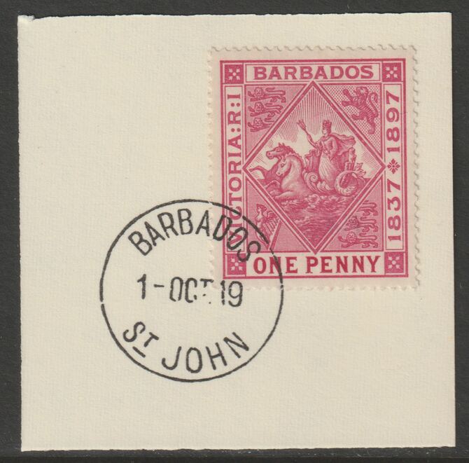 Barbados 1897 Diamond Jubilee 1d on piece with full strike of Madame Joseph forged postmark type 45, stamps on , stamps on  stamps on , stamps on  stamps on  qv , stamps on  stamps on forgery, stamps on  stamps on madame joseph