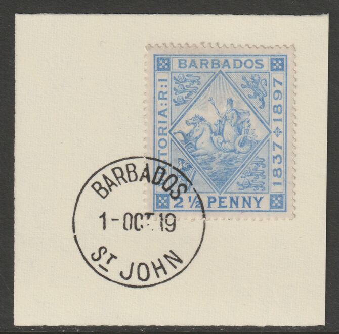 Barbados 1897 Diamond Jubilee 2.5d on piece with full strike of Madame Joseph forged postmark type 45, stamps on , stamps on  qv , stamps on forgery, stamps on madame joseph