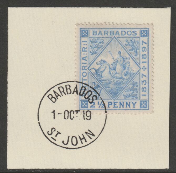 Barbados 1897 Diamond Jubilee 2.5d on piece with full strike of Madame Joseph forged postmark type 45, stamps on , stamps on  stamps on , stamps on  stamps on  qv , stamps on  stamps on forgery, stamps on  stamps on madame joseph