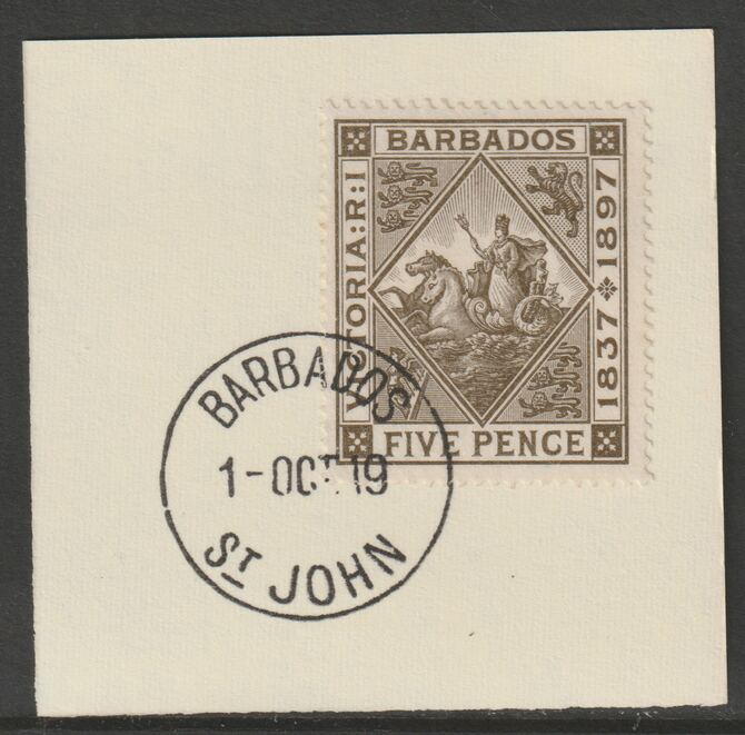 Barbados 1897 Diamond Jubilee 5d on piece with full strike of Madame Joseph forged postmark type 45, stamps on , stamps on  qv , stamps on forgery, stamps on madame joseph
