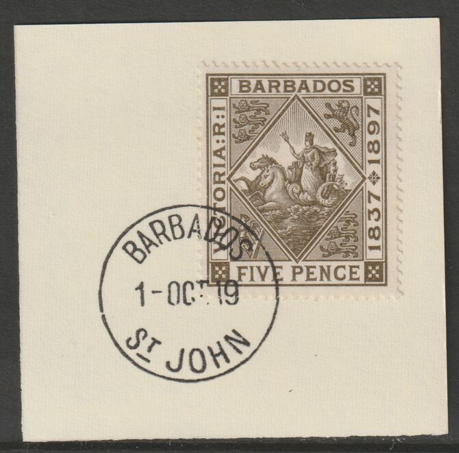 Barbados 1897 Diamond Jubilee 5d on piece with full strike of Madame Joseph forged postmark type 45, stamps on , stamps on  stamps on , stamps on  stamps on  qv , stamps on  stamps on forgery, stamps on  stamps on madame joseph